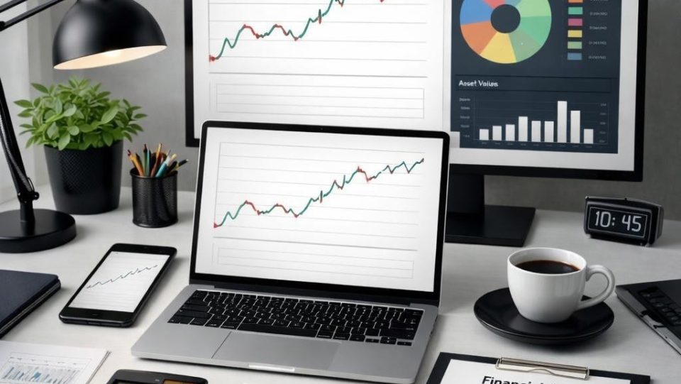 Workspace with laptop, monitor, smartphone, financial charts, calculator, and coffee cup
