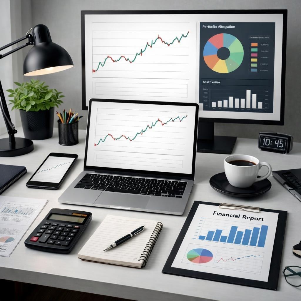 Workspace with laptop, monitor, smartphone, financial charts, calculator, and coffee cup