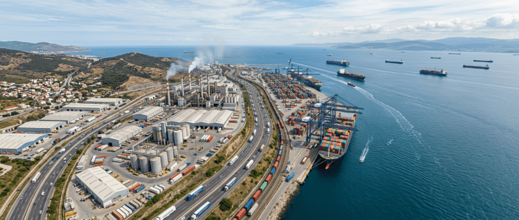 Busy industrial port with container ships, cargo cranes, trucks on highway, and power plant emitting smoke