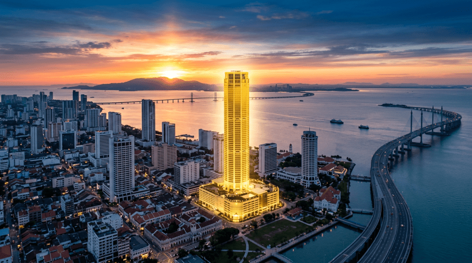 City skyline at sunset with a glowing gold skyscraper and river views