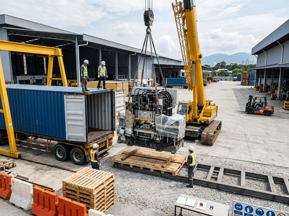 Workers guide a crane lifting machinery beside a shipping container